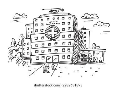 Handdrawn Vector Drawing Hospital Building Blackandwhite Stock Vector ...