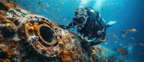 Diver Exploring Sunken Wreck Premium Ai Generated Image