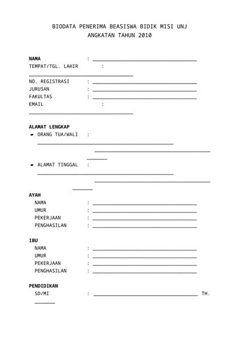 Doc Biodata Penerima Beasiswa Bidik Misi Unj Dokumen Tips