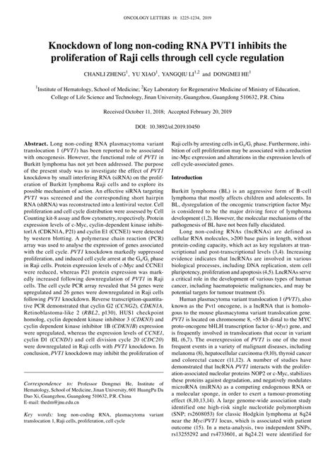 Pdf Knockdown Of Long Non Coding Rna Pvt1 Inhibits The Proliferation