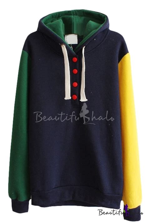 Special Color Block Button Front Hoodie With Long Sleeve