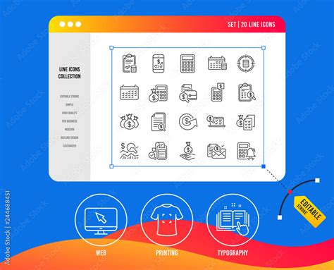 Accounting line icons. Set of Calculation, Check investment and Report ...