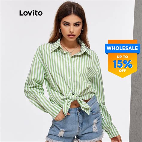 Ready Stock Lovito Casual Striped Collar Oversize Long Sleeve Blouses