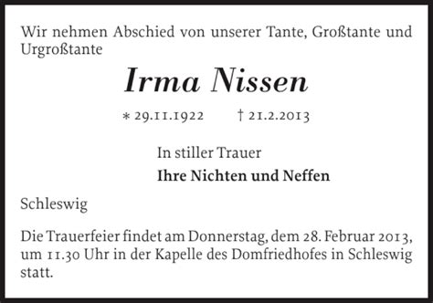 Traueranzeigen Von Irma Nissen Sh Z Trauer