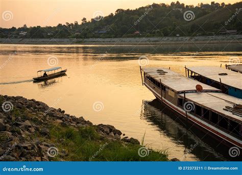 Mekong River, Laos and Thailand at Huay Xai. Traditional Wooden Boats ...