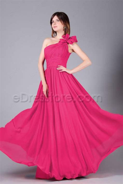 One Shoulder Hot Pink Long Prom Dresses Edresstore