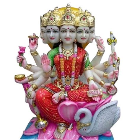 White Painted 24 Inch Marble Gayatri Panchmukhi Statue For Worship At