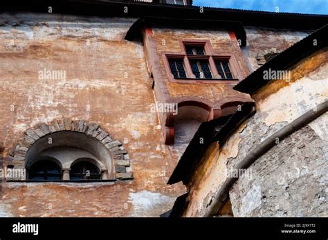 Medieval crenellated castle walls at Slovakian Orava Castle Stock Photo ...