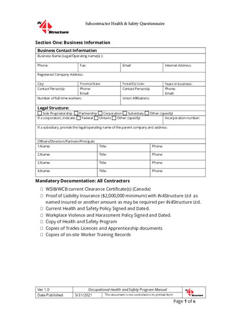 Fillable Online Subcontractor Health And Safety Questionnaire Fax Email