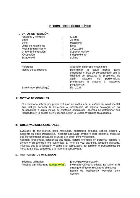 Modelo Informe Psicologico Informe Psicol Gico Cl Nico I Datos De