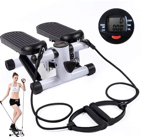 Mini Aerobic Stepper Exercise Machine With Resistance Bands Lcd Monitor Stair Climber White