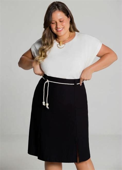 Lunender Mais Mulher Saia Plus Size Midi Crepe Cinto Preto Saia