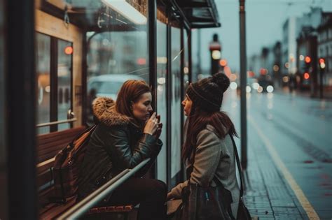 Premium Photo Woman Talking With Friend Sitting At Bus Stop