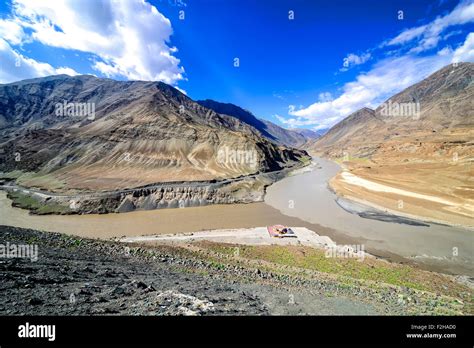 Panoramic View Of Confluence Of Zanskar From Top And Indus Rivers