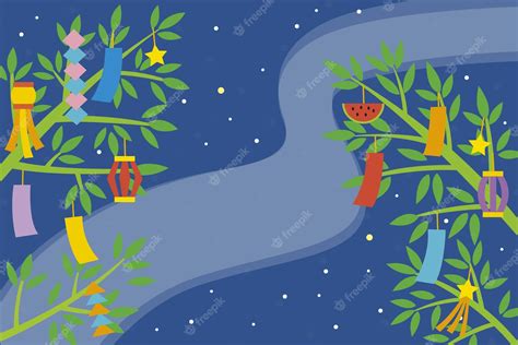 Free Vector Flat Tanabata Background With Ornaments In Branches