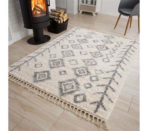 Tapis Shaggy Poils Longs Crème Gris Ethnique Franges Moelleux 120 X 170