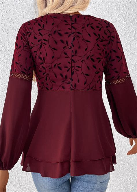 Wine Red Patchwork Leaf Print Long Sleeve Blouse Modlily USD 32 98