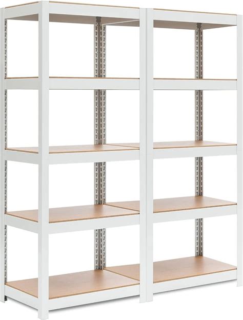 Three White Shelving Units With Wooden Shelves On Each Side And One