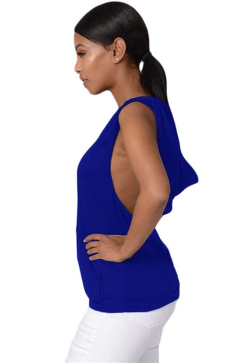 Women Cross Back Royal Blue Sleeveless Hoodie Online Store For Women