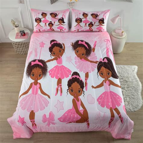 Girls Pink Ballerina Comforter Set Twin African American Black Girl Bedding Set Cute