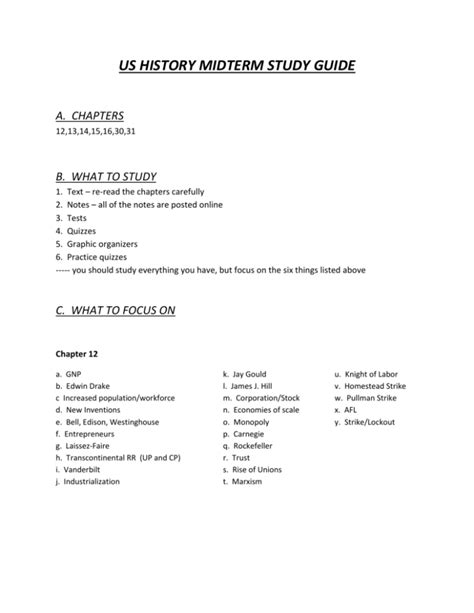 Us History Midterm Study Guide A Chapters