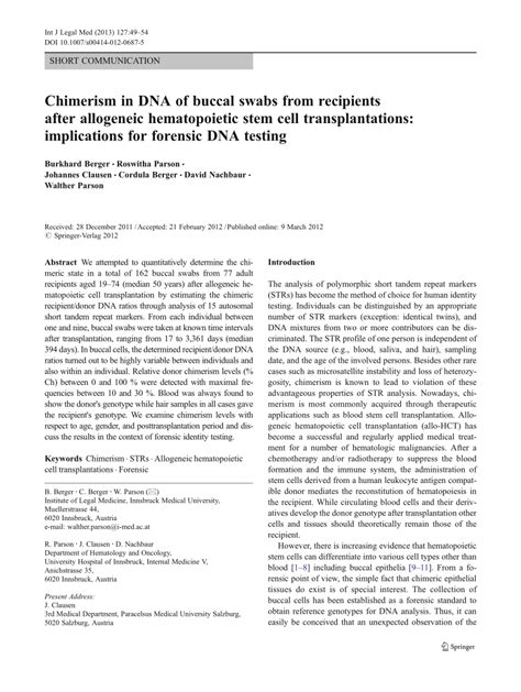 (PDF) Chimerism in DNA of buccal swabs from recipients after allogeneic ...