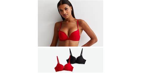 2 Pack Black And Red Lace Push Up Bras New Look