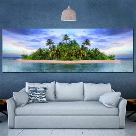 Tropical Island Canvas Wall Art, Green Island with Palm Trees Panorami ...