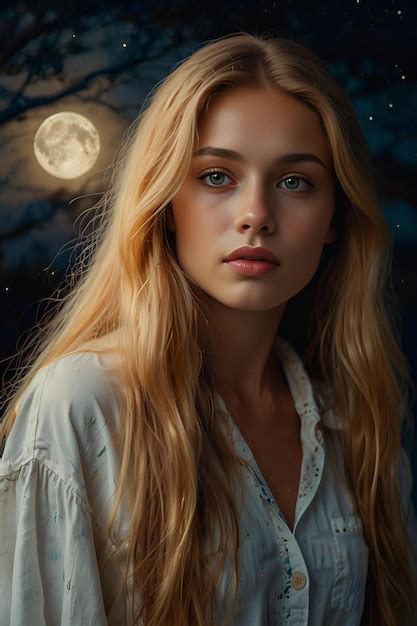 A Woman With Long Blonde Hair And A Full Moon Behind Her Head Premium AI Generated Image
