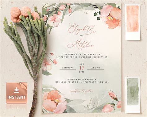 Paper Party Supplies Canva Template Pink Peony Wedding Invitation