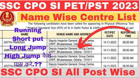 SSC CPO SI PET PST Centre List Name Wise List Male Female Physical