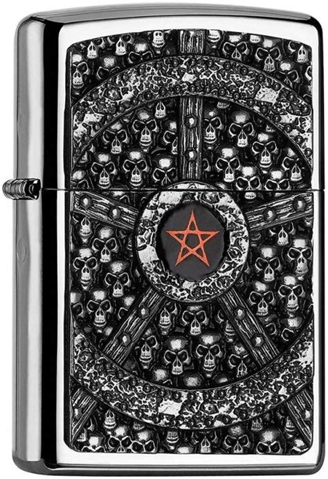 Zippo Classic Lighter Pl250 Deep Red Pentagram Over Embossed Skulls