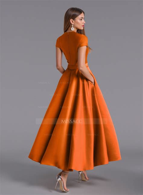 Classic V Neck Short Sleeves Flowers A Line Ankle Length Satin Bridesmaid Dresses With Pockets