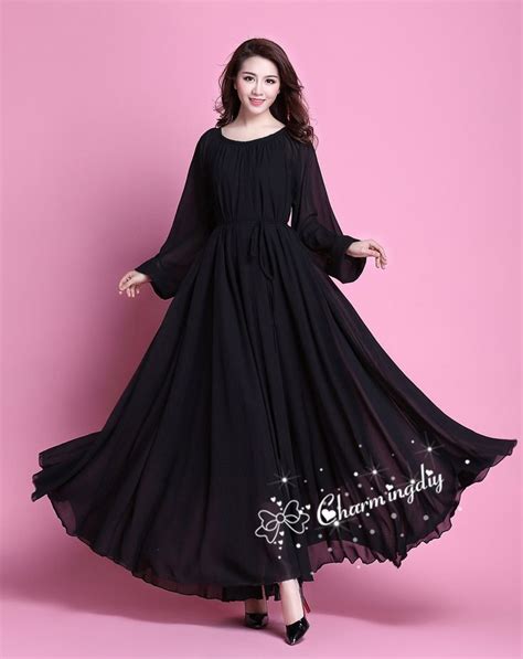 Colors Chiffon Black Autumn Long Sleeve Party Big Hem Dress Evening