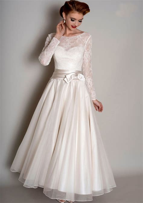 Long Sleeve Lace Tea Length Wedding Dress Wedding Ideas