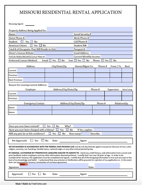 Free Printable Tenant Application Form Missouri Printable Form