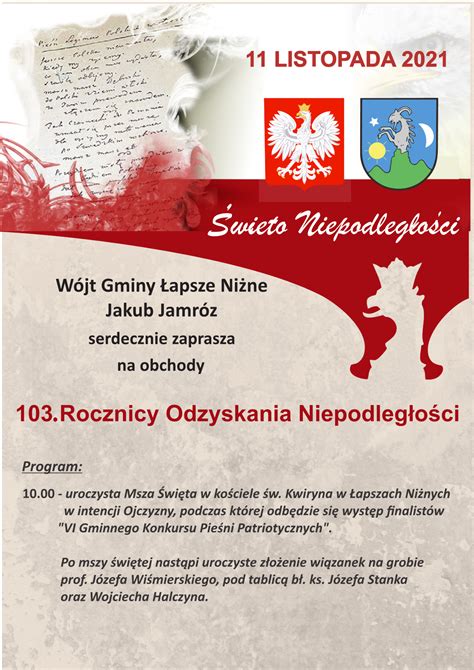 11 listopada 103 Rocznica Odzyskania Niepodległości Gmina Łapsze Niżne