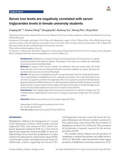 (PDF) Serum iron levels are negatively correlated with serum triglycerides levels in female ...