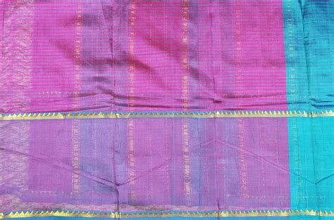 Tvis And Bliss Peacock Blue And Magenta Stripes Mangalagiri Silk Saree