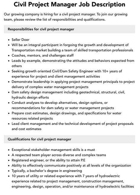 Civil Project Manager Job Description Velvet Jobs