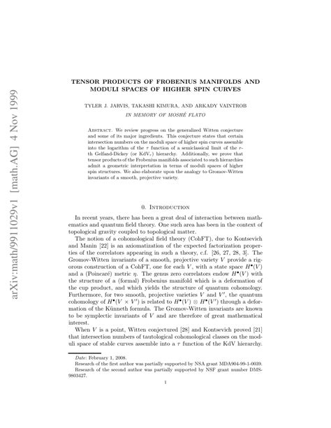 PDF Tensor Products Of Frobenius Manifolds And Moduli Spaces Of