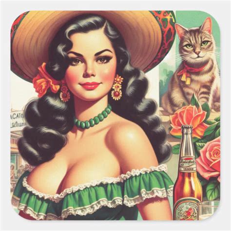 Vintage Latina Illustration Square Sticker Zazzle