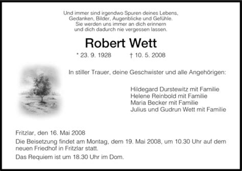 Traueranzeigen Von Robert Wett Trauer HNA De