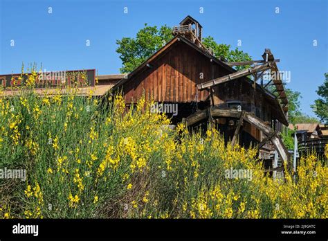 Old Wooden Water Mill In An Old Factory In The American Far West Stock