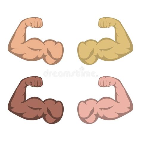 Bent Arms Of Different Shades Showing Biceps Strong Muscles Stock