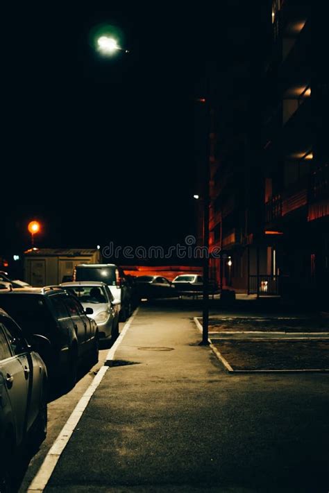 Night Sidewalk In Front Of A Modern Apartment Building. Stock Photo - Image of urban, light ...