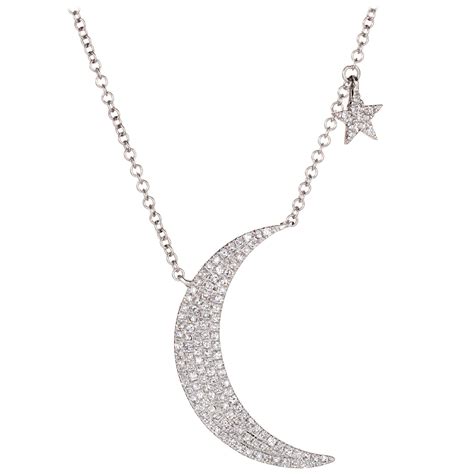 Diamond Crescent Moon Star Necklace 14 Karat White Gold Fine Celestial