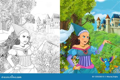 Cartoon Scene With Beautiful Princess Sorceress In The Forest Near The Castle Stock Illustration