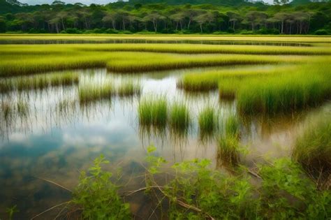 Premium AI Image | A view of the marsh at sunset.