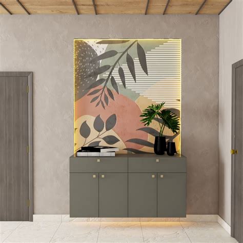 Modern Foyer Design With Tropical Wallpaper And Grey Cabinet Storage ...